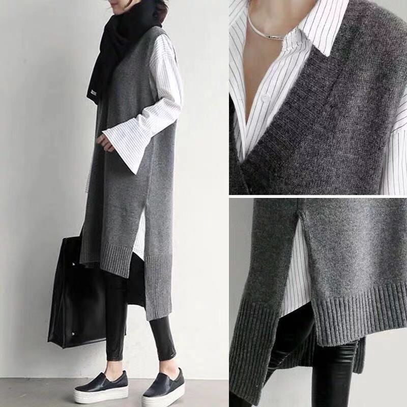 トップス ベスト ロング ロング丈 袖なし ノースリーブ Vネック スリット サイドスリット ニット かわいい 大人可愛い シンプル カジュアル 大人 おしゃれ お洒落 かっこいい レトロ アジアン