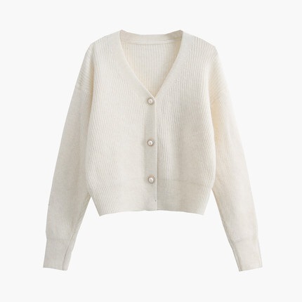 カーディガン レディース トップス 羽織 Vネック ショート丈 長袖 パール ボタン エレガント かわいい ニット 無地 秋 冬 デート 通勤 通学 モテ 旅行 レイヤード フリーサイズ ホワイト