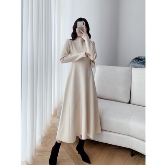 【取寄：納期2週間】ロングワンピース レディース ワンピース ニットワンピース カジュアル お出掛け シンプル 無地 Ａライン ハイネック プルオーバー ブラック アプリコット フレア ロング丈