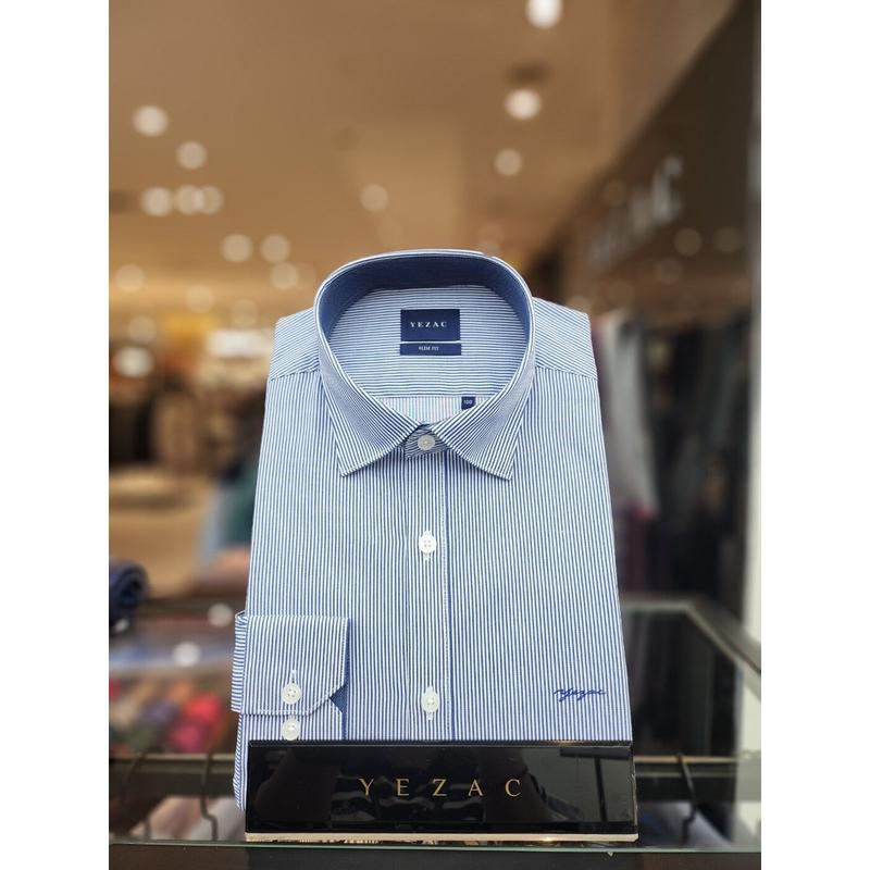 AK平沢店シャツ コットン混紡 スナップカラー ピンストライプ スリムフィットシャツ ブルー