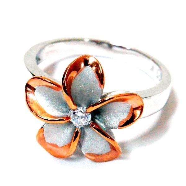 ハワイアンジュエリー リング プルメリア 一輪花 フラワー クリアジルコニア ピンクゴールド ペアカラー レディース シルバー925