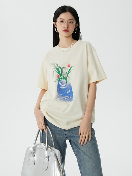 エッグタルトルーズプリント半袖 Tシャツ女性の夏の新しいレトロカジュアルスリムトップ