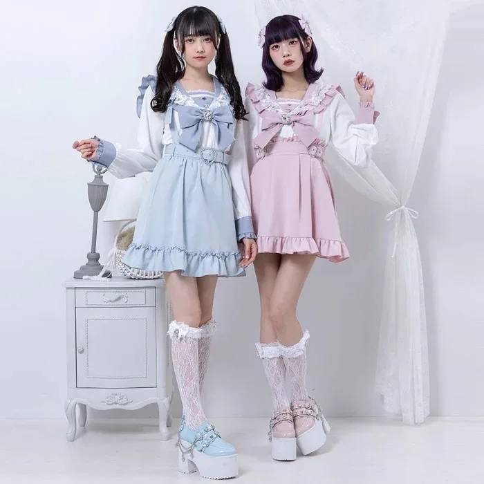 セーラー襟フリルブラウス　長袖　量産型　地雷系　姫系　ロリータ　肌見せ　参戦服　ライブ　イベント　推し　原宿　Y2K　リボン　ゴシック　クラロリ