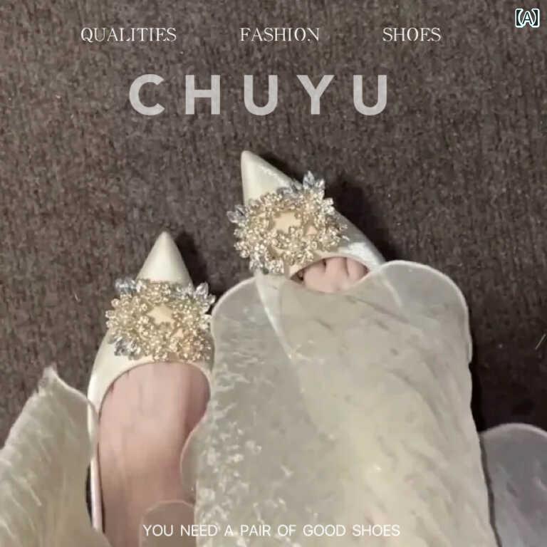 ハイヒール　シューズ　レディース シャンパン サテン ハイヒール メイン ウェディングドレス Xiuhe ウェディングシューズ ブライダル シューズ フレンチ 高級 ラインストーン スクエアバックル
