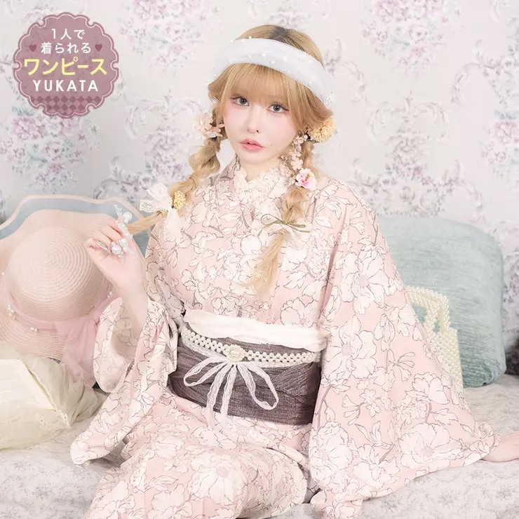 Tika 線画牡丹2wayワンピース浴衣3点セット 浴衣羽織 ワンピース 兵児帯 レディース浴衣 ガーリー浴衣 ワンピース浴衣 フリーサイズ ピンク ブラウン 戦慄かなの