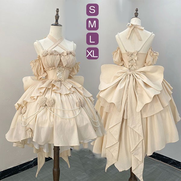 ロリータ jsk ワンピース 可愛い プリンセスドレス お姫様 ロリータ服 アイドル衣装ドレス リボン ベージュ アイドル衣装ドレス可愛い アイドル衣装 コスチューム コスプレ衣装