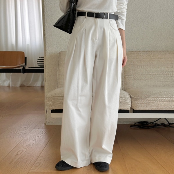 韓国ファッション ハイウエスト ピンタック コットン ワイド ワイド パンツ