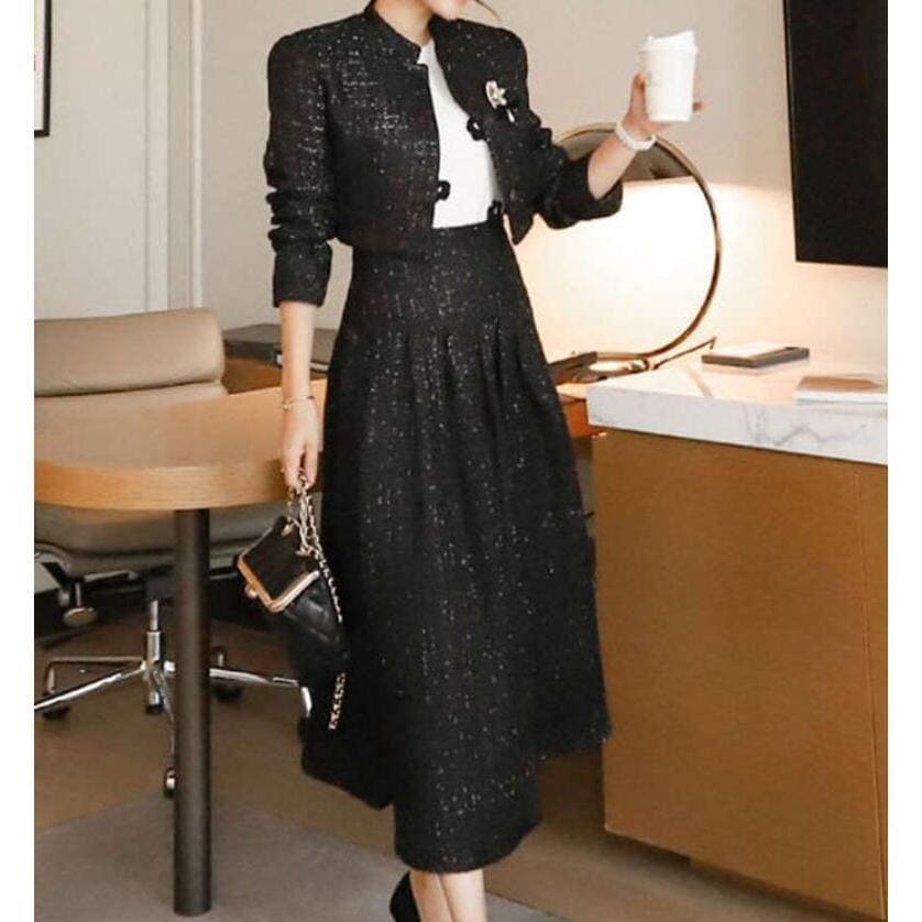 ツイードセットアップ スーツジャケット ロングスカート フレアスカート ロング丈 きれいめ おしゃれ 体型カバー 大きいサイズ 入学式 卒業式