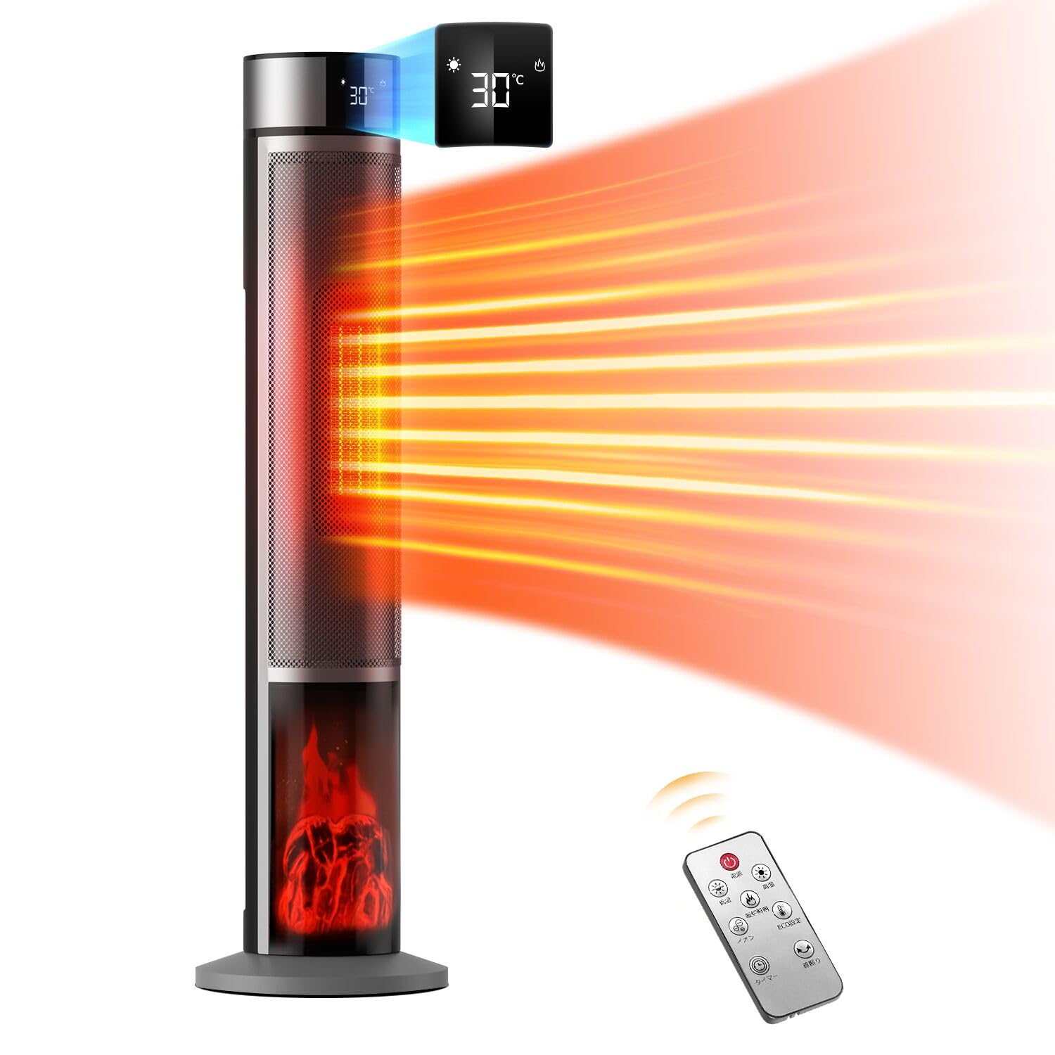 セラミックヒーター ヒーター速暖 【2024冬新開発&ECO恒温省エネ&マイナスイオン】 電気ファンヒーター タワー型 3D疑似炎 LCDディスプレイ 左右自動首振り 空気清浄 冷暖兼用10W/800