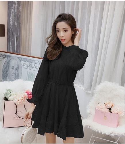 1299．花柄レースフリルワンピース（ブラック）上品 大人 かわいい 長袖 お呼ばれ 女子会