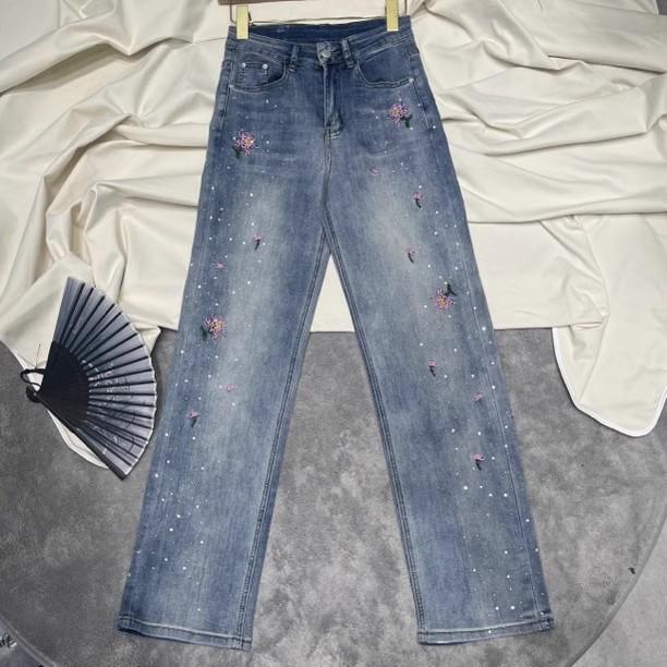 レディース ファッション カジュアル おしゃれ 大きいサイズ 刺繍 ワイドレッグ パンツ ジーンズ ストレート レッグ パンツ レングス パンツ スリム 春秋