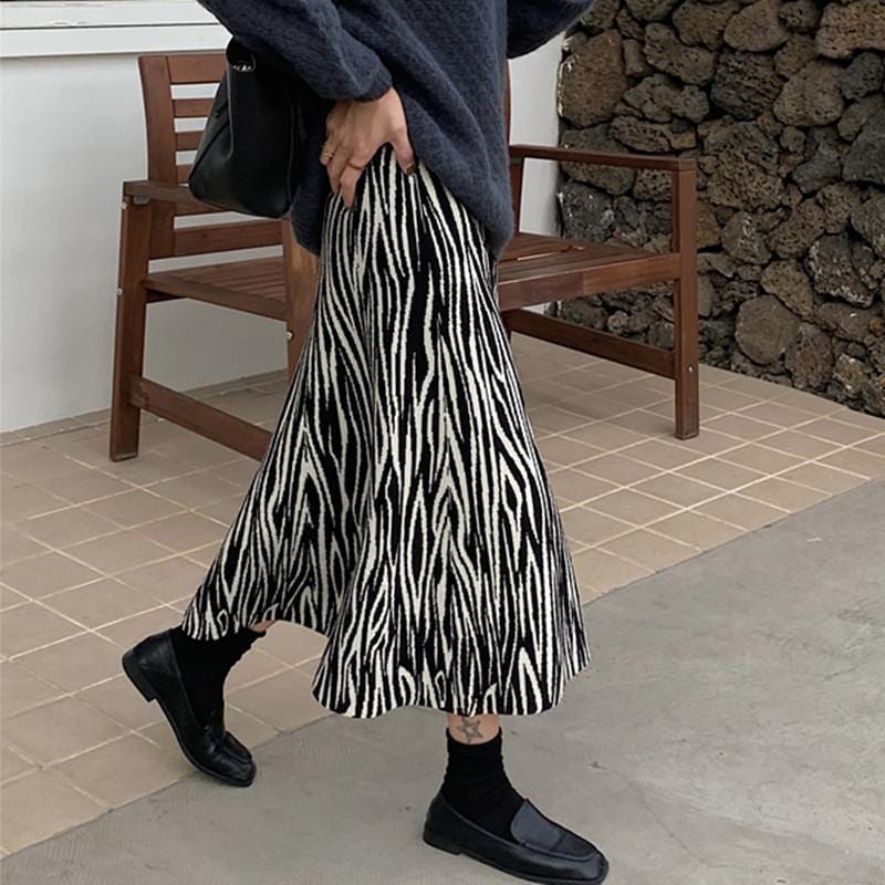 マキシスカート おしゃれ ハイウエスト ゼブラ柄 スカート 気質 百掛け 着痩せ ニット スカート タイトスカート プリーツスカート ロングスカート