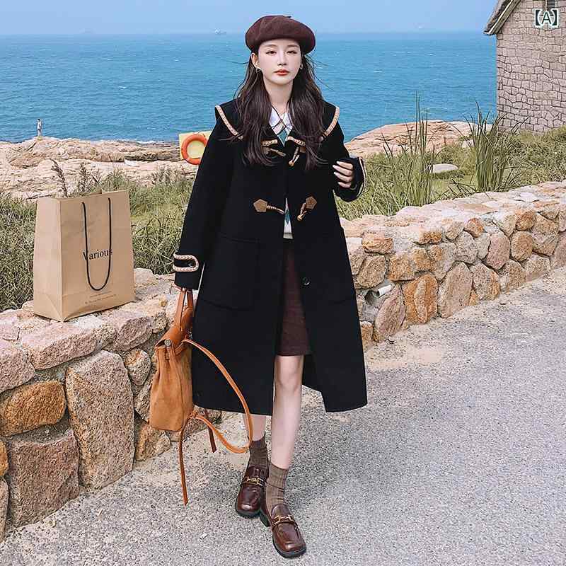 レディース アウター ウールコート カジュアル おしゃれ 防寒 暖かい スタイル ネイビーカラー ホーンボタン コート 黒 女性 小さい 秋冬 厚手 ミドル丈 スタイル