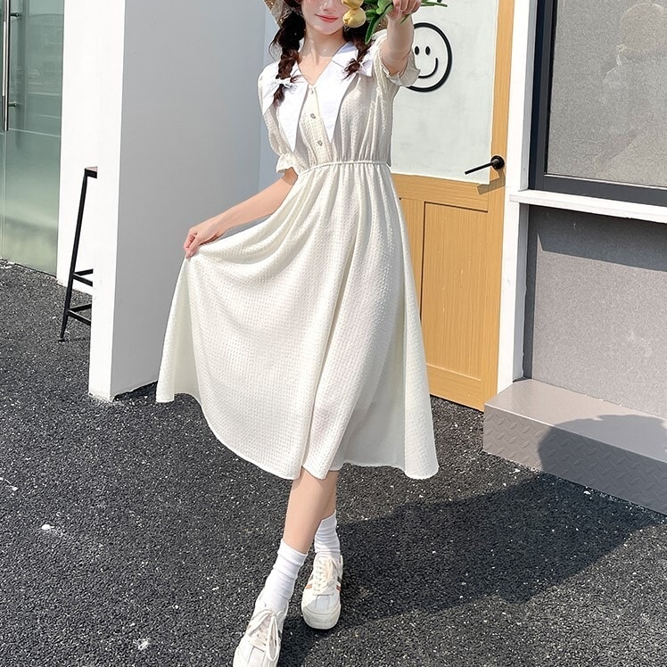 ワンピース レディース シャツワンピース S M L 韓国 ロング丈 半袖 襟付き ビックカラー 立体感 Aライン かわいい クラシカル シック シンプル 上品 ウエストマーク エレガント カジュアル