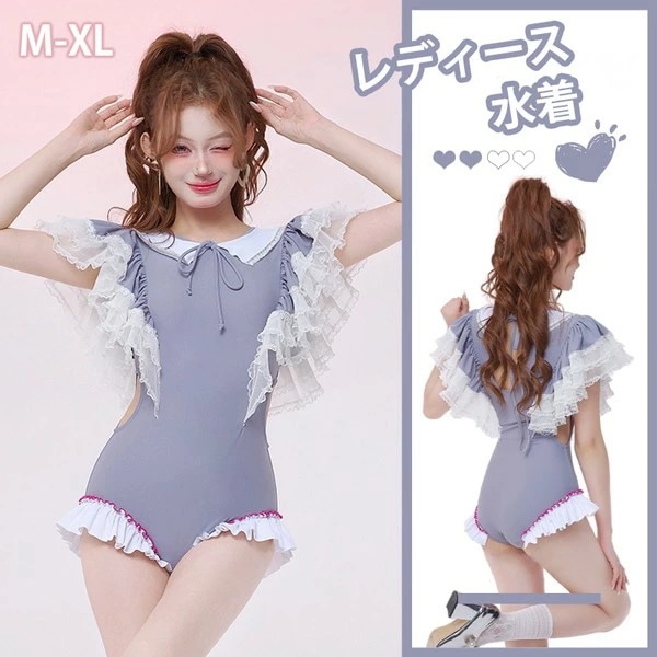 水着 レディース エンジェルスリーブ リボン パッド付き 学生風 かわいい フリル 透け感あり リボン 水着 肩出し 着痩せ セクシー 無地 コスプレ 衣装 撮影 写真用 映える 温泉 プール ビーチ