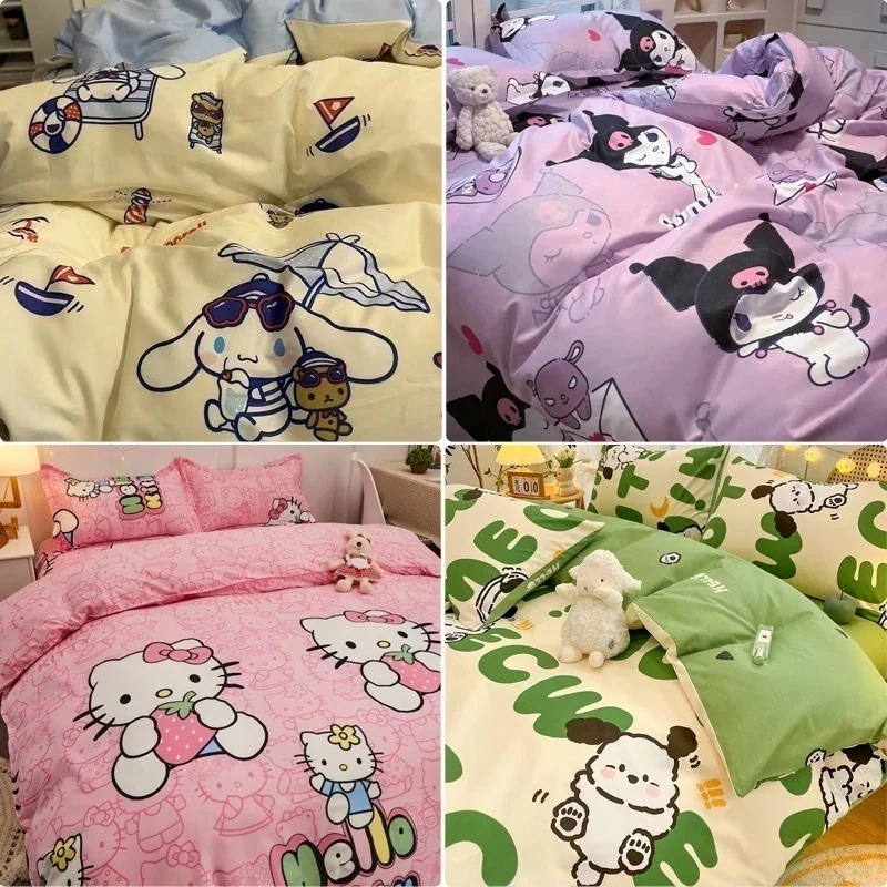 福袋2025可愛い寝具3/4点セット サンリオ クロミ キティ クレヨンしんちゃん ポチャッコ シナモロール ピカチュウ ミッキー ディズニー 掛け布団カバー 枕カバー2点 ベットシーツ 布団セット