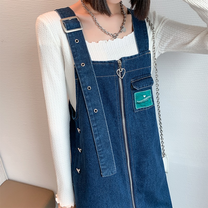 デニムサスペンダースカート フルファスナー デニム サスペンダースカート デニムワンピース ドレス ミドル丈 デニムスカート a4409
