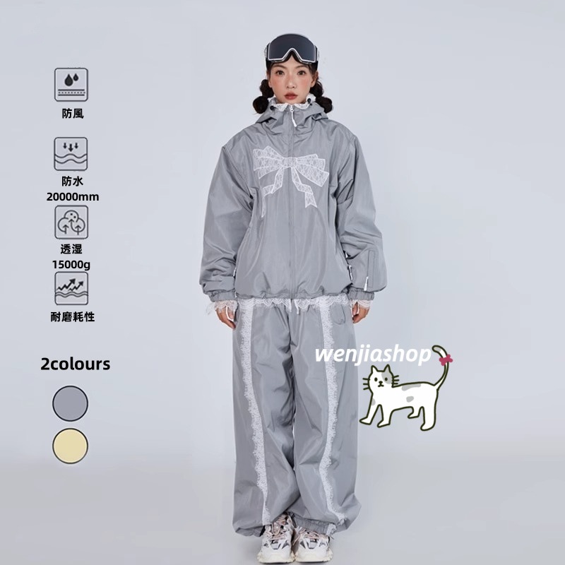 スノーボードウェア 2024 2025 上下セット メンズ レディース リボン レース ゆったり アウター パンツ 3Lセットアップ ウィンタースポーツ韓国風防水 スノー スキーウェア スノボウェア
