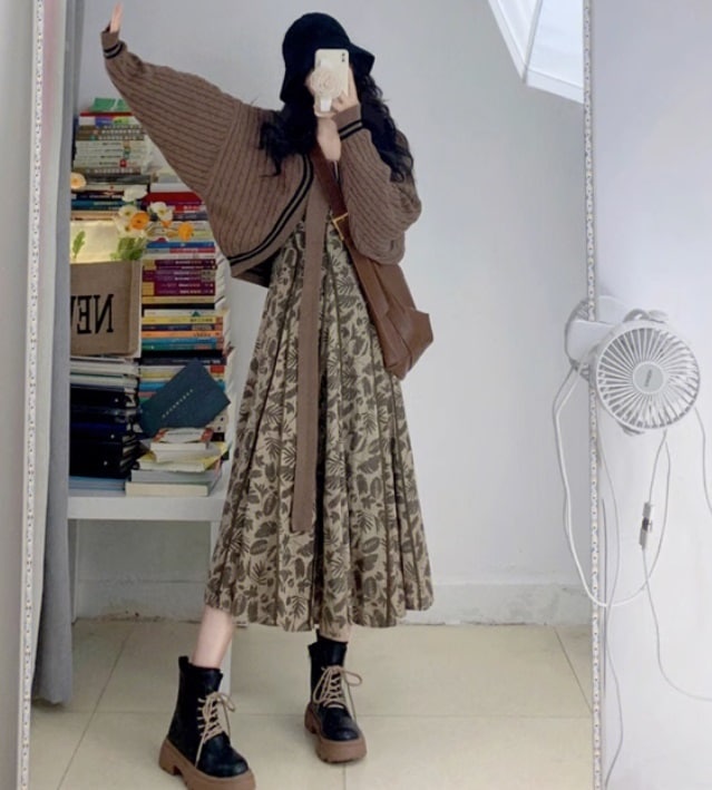 セットアップ カーディガン＋ワンピース 春秋冬 新作 花柄 長袖 ロングミドル丈 スクエアネック ニットカーディガン フレンチ ベルフラワー ツーピーススーツ 高級感 暖かい エレガント 好印象