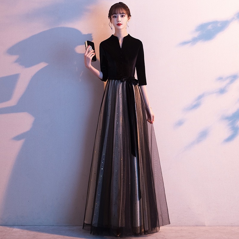 【2枚購入で 3oo円OFF】女性のドレス2025気質ブラックロングバンケットドレスシンなファッショナブルなスリムフィットとスリムスタイル