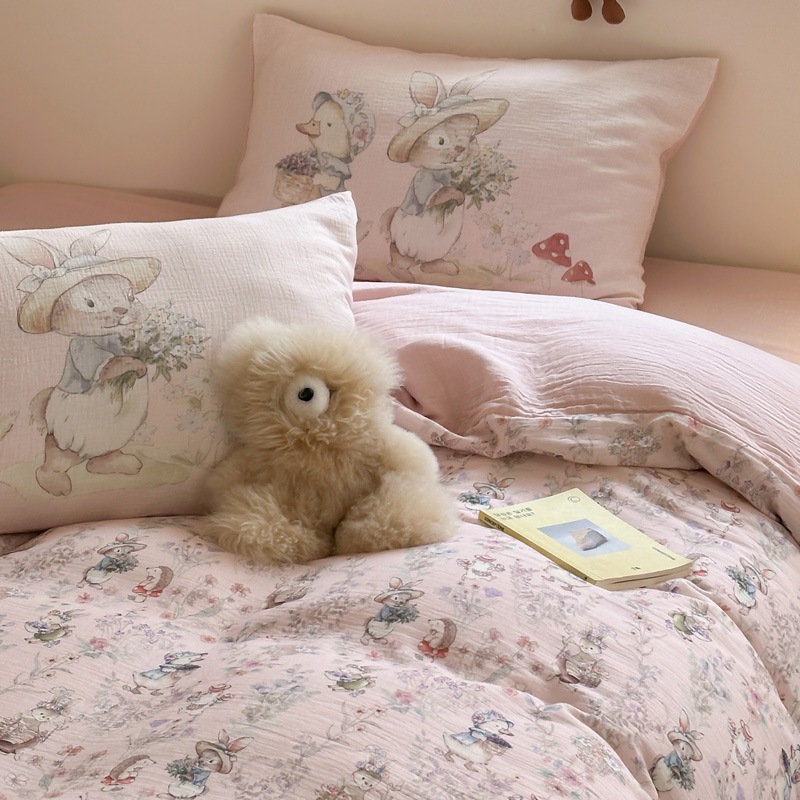 漫画エアリーウサギコットン織り二重層のしわ糸4ピースセットガールハートキルトカバーピュアコットンシート