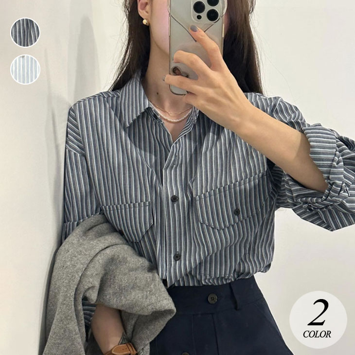 ストライプ シャツ レディース 春 秋 長袖 トップス 長袖シャツ シャツブラウス 羽織り カジュアル お洒落 きれいめ 胸ポケット 通勤 オフィス OL オフィスカジュアル ビジネス 韓国ファッショ