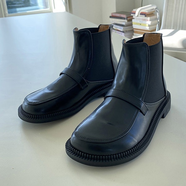 ショートブーツ オブリークトゥ サイドゴア ローファー レディース 黒