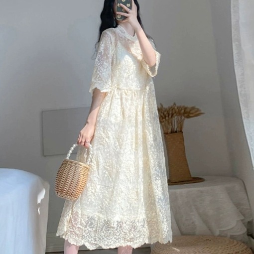 レディース ワンピース シャツワンピース ミモレ丈ワンピース 5分袖 クルーネック シースルー 透け感 かわいい 大人可愛い きれいめ シンプル 上品 おしゃれ かっこいい レトロ こなれ感