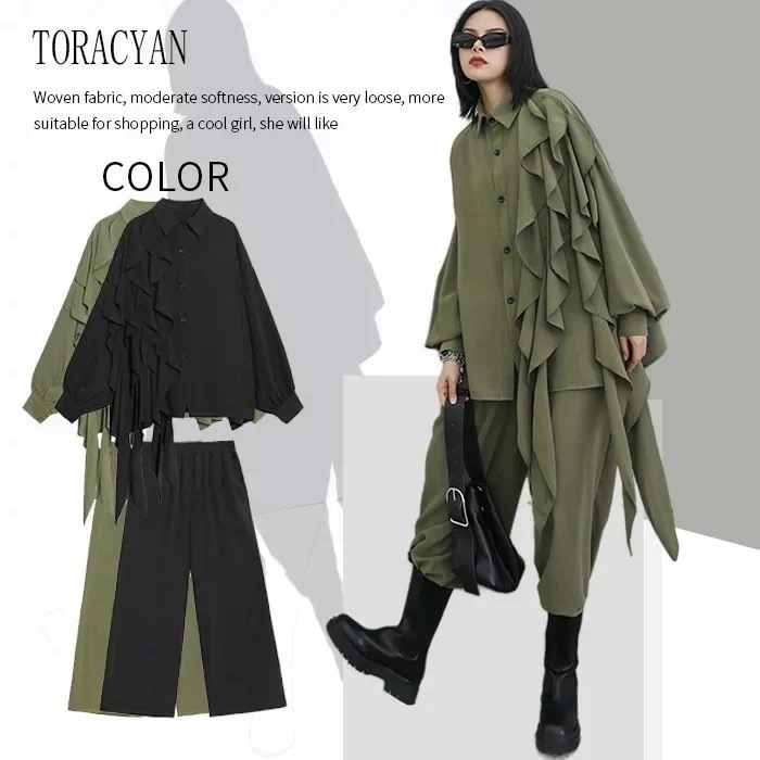 レディースきれいめセットアップ春秋長袖リーサイズグリーンブラック個性デザインアシメントリーブラウスワイドパンツ2点セットゆったり上品おしゃれ大きいサイズシンプルきれいめカジュアルパンツスーツ