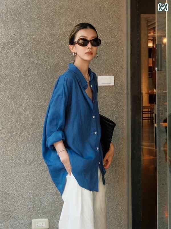 トップス　レディース　シャツ 和風 MUJ トップス リネン コットン ブルー シャツ レディース 秋 日焼け防止 長袖 5,253円