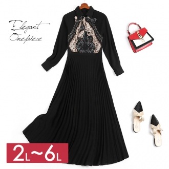 4L トレンド スッキリ 2L 7L ブラック シンプル デート 可憐 6L プリーツ切替ワンピース大きいサイズレディース 洗練 L 9L ガーリー 3L 上品 8L 5L 着痩せ