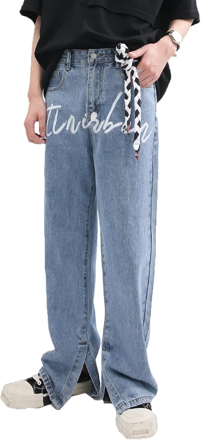デニムパンツ メンズ ジーンズ 裾スリット ロングパンツ ストレート 英字柄 デザイン性 ハイストリート ジーパン シューカット ウォッシュ加工 柔らかい 通気 プリント 長ズボン 着痩せ オールシー