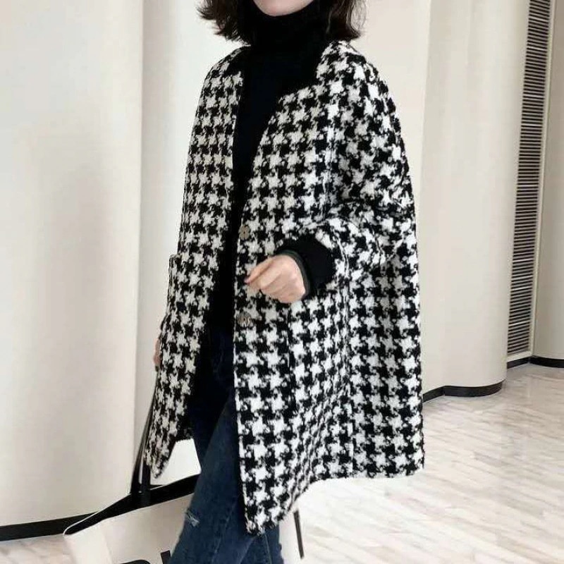 ノーカラーコート レディース 秋冬 千鳥柄 オーバー 大人 韓国風 通勤 着痩せ オシャレ ロング丈 ノーカラージャケット 無地 アウター