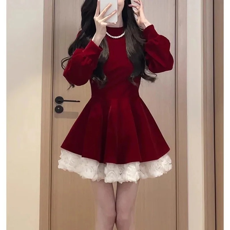 【3日出荷】サンタ コスプレベロアワンピース秋冬クリスマスに着るウエスト巻きプリンセススカート