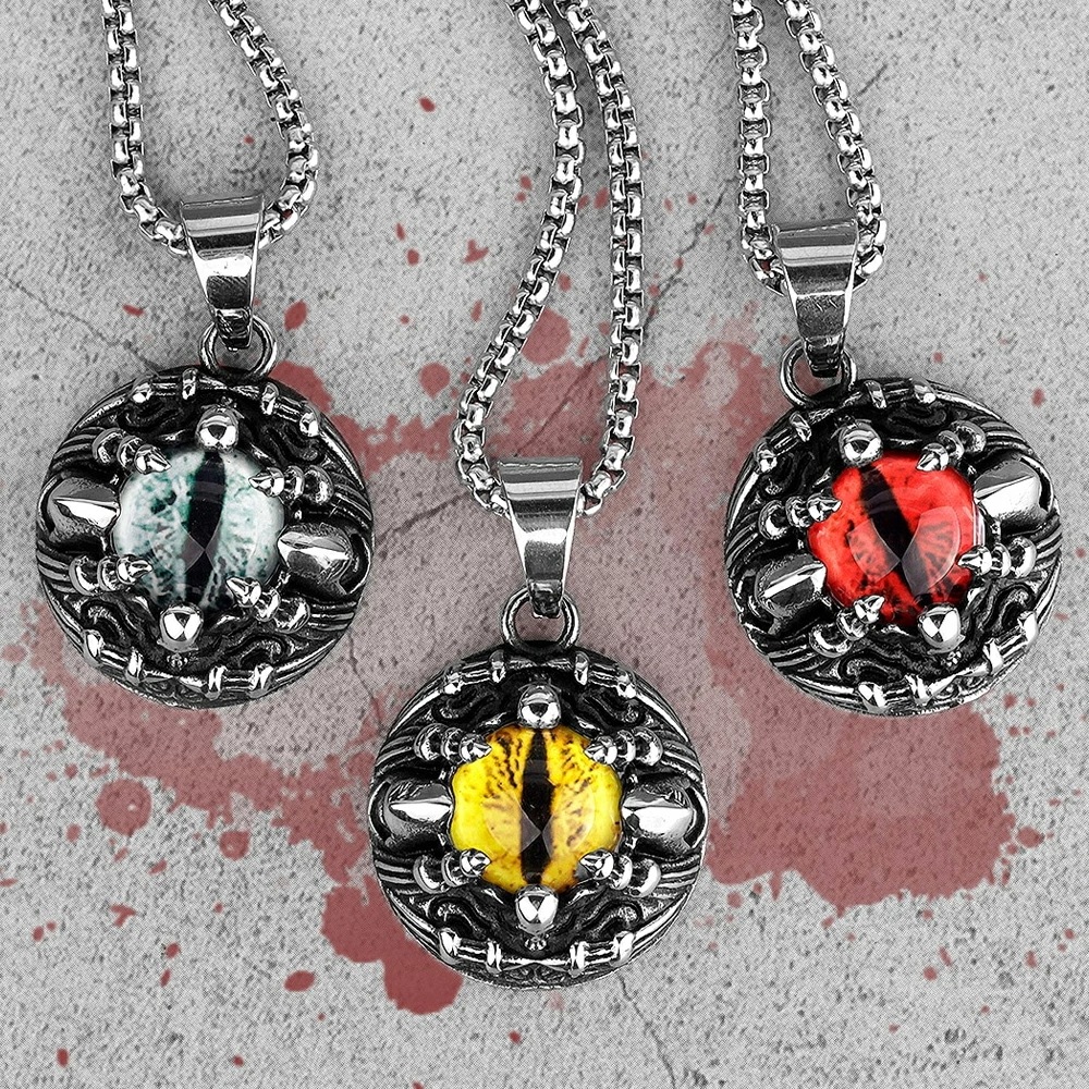 クトゥルフスカルアイステンレスネックレス（チェーン付）首飾り アクセサリー 目玉 眼球 瞳 爪 悪魔 メダマ 緑色 赤色 黄色 男性 女性 プレゼント 誕生日 メンズ 彼氏 stt00-00-0543