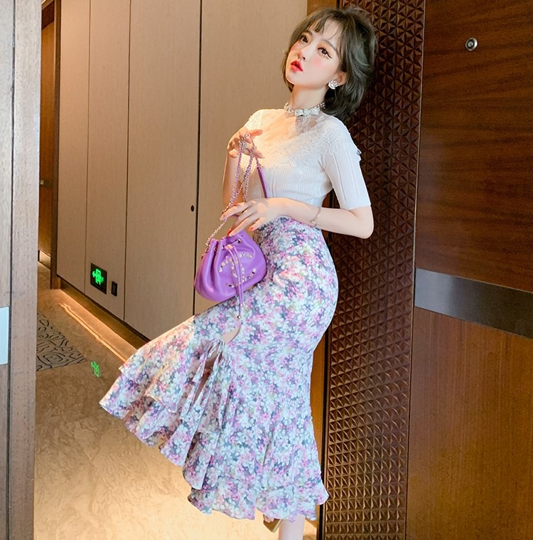 韓国ファッション　マーメイドフラワープリントタイトスカート　オフィスコーデ　OL通勤レディース