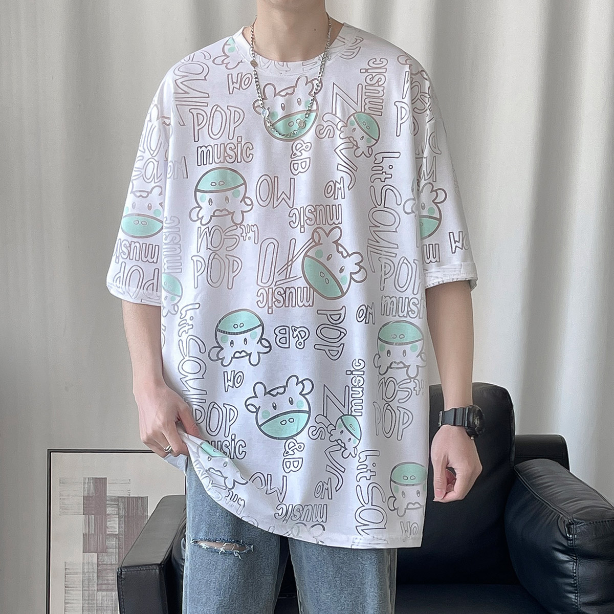 2色 M 5xl 大きいサイズ 春夏 Tシャツ メンズ 半袖 韓国風 ゆったり 半袖