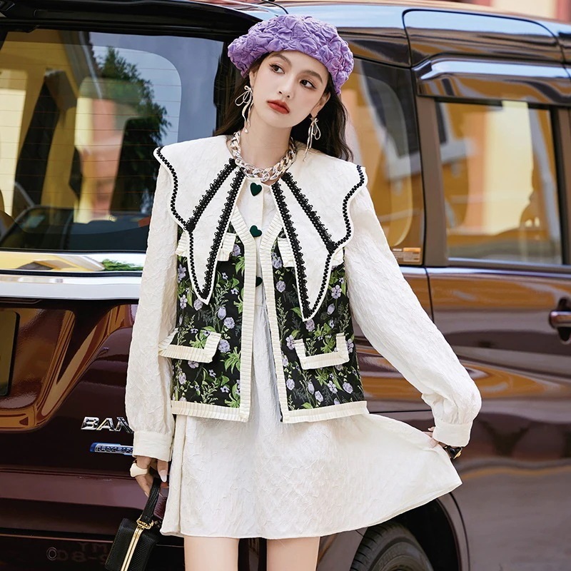 可愛い折襟ホワイトブラウスレディース長袖ブラウストップス韓国ファッションブラウス秋服ベストセットアップ二点福袋