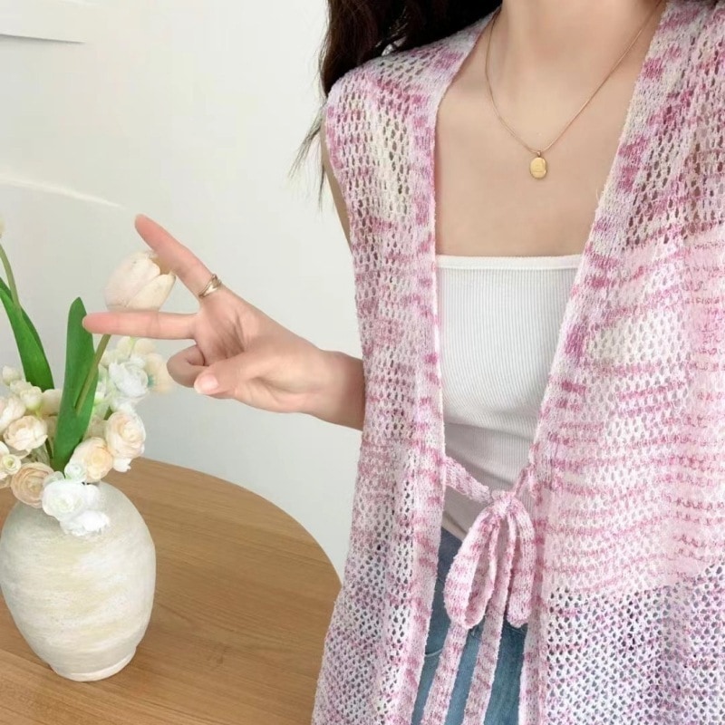 ニット ベスト ジレ オルチャン ノースリーブ ロング丈 デザイン ニュアンスカラー 韓国 レディース ピンク ブラウン ブルー グレー 茶色 定番 普段使い 重ね着 着回し スリム