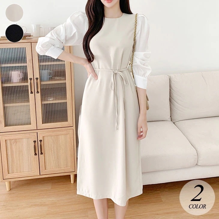 ドッキング ワンピース ミモレ レディース 長袖 シャツ レイヤード風 重ね着風 クルーネック タイト スレンダー 後ろスリット 膝丈 切替え 大きめ 可愛いフェミニン きれいめ シンプル 大人可愛い