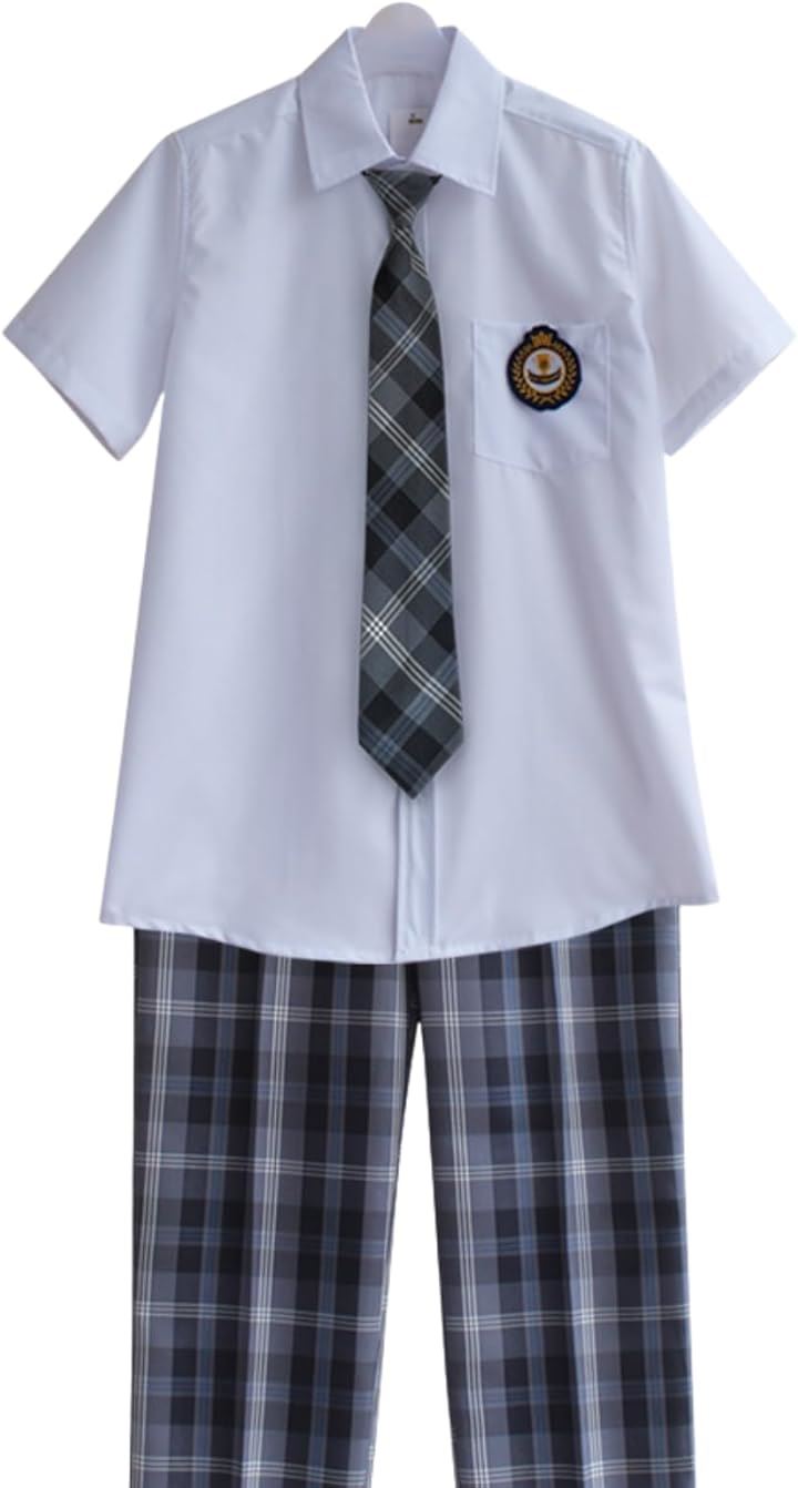 制服 学生服 男子 半袖 ズボン ネクタイ ワッペン 4点セット (03, L)