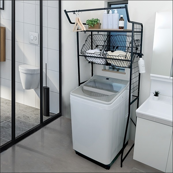 ヴィンテージ ランドリーラック ランドリー収納 洗濯棚 洗濯機 伸縮ハンガーバー 収納スペース