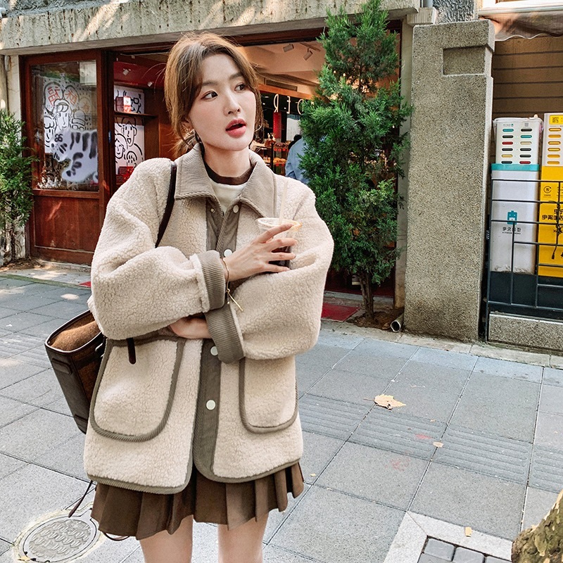 女性用オフホワイトファーワンピースラムベルベットジャケット冬韓国風コーデュロイスプライシング肥厚グレインベルベットトップ