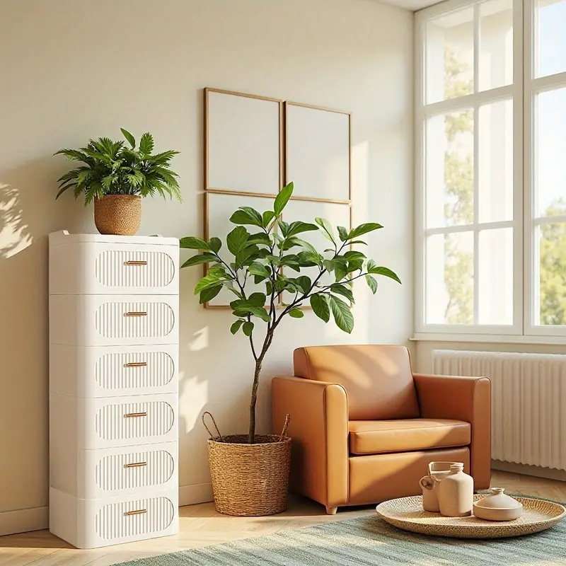 蓋付き多段収納ボックス - 頑丈なプラスチック製省スペース縦型デザインホーム・オフィス・バスルーム・クローゼット用 - モダンな白い収納キャビネットミニマリストスタイル握りやすいハンドル付き