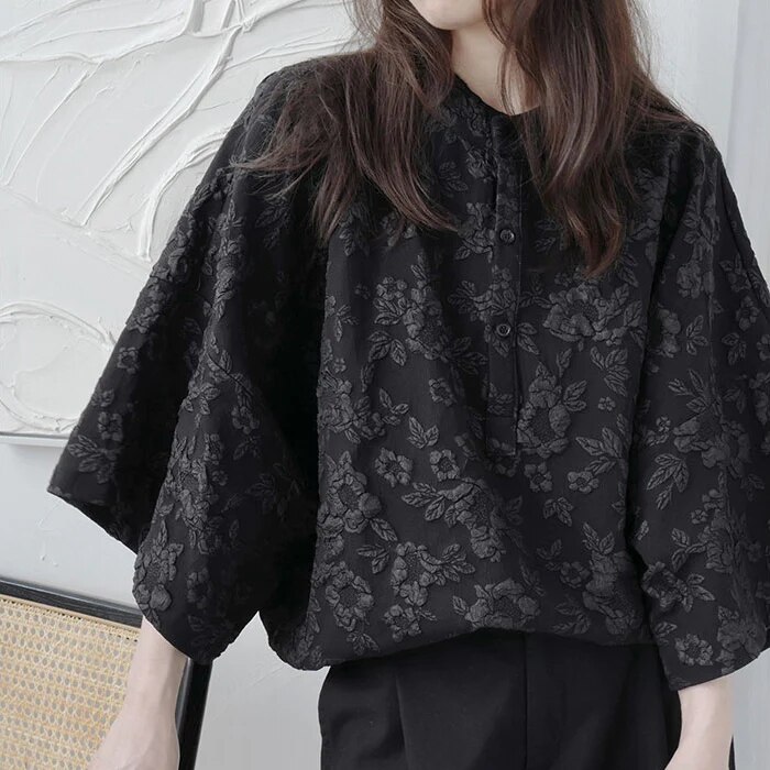 個性 不規則 デザイン ジャガードワイドスリーブシャツ