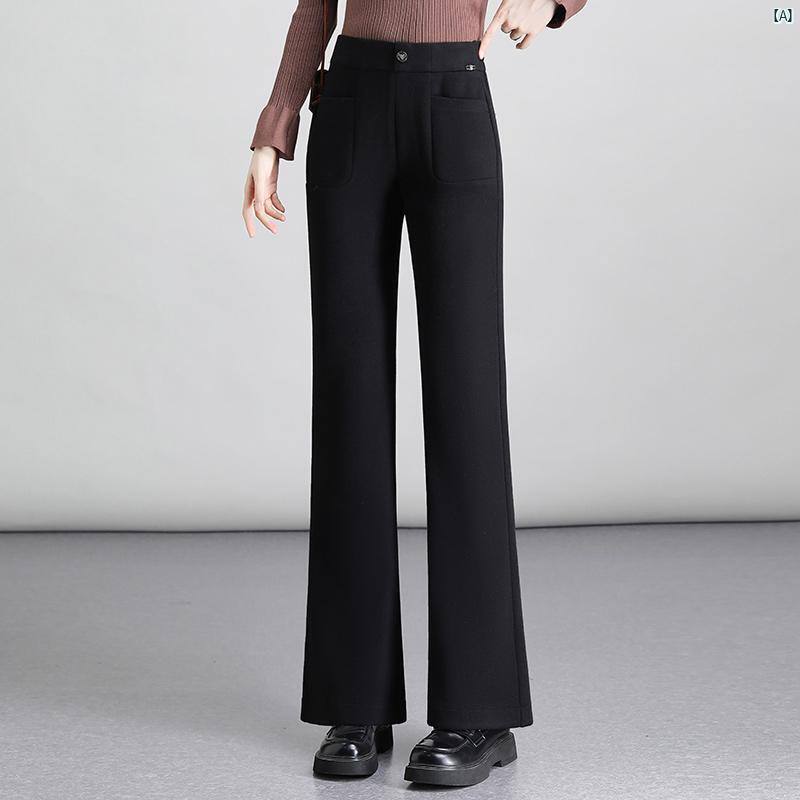 レディース ファッション オシャレ シンプル ウール ベルボトムパンツ 秋冬 ハイウエスト スリム カジュアル パンツ ストレート レッグ フレアパンツ