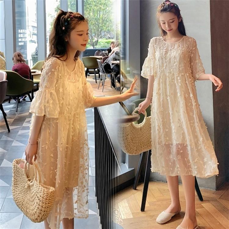 ワンピース レディース レース 膝丈ワンピース 春夏 五分袖 ワンピース 花柄 シフォンワンピース フレア Aライン ドレス オシャレ 着痩せ
