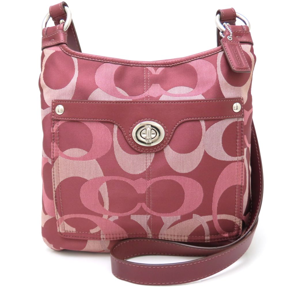 F17479 ショルダーバッグ サテンxレザー ボルドー系 アウトレット/352436【中古】