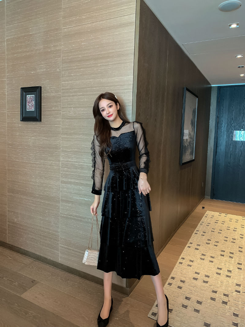 パーティードレス 結婚式 ドレス お呼ばれ ドレス 黒 韓国 袖あり 長袖 ティアードワンピース き