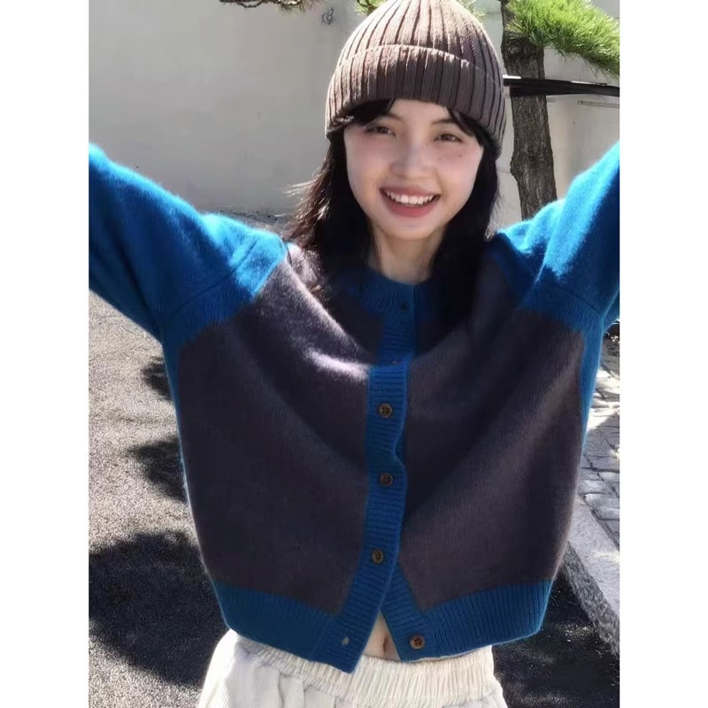 コントラストカラーカーディガン レディース 100% 無地 ウール 2025 秋 韓国版 ニットセーター ラウンドネック カシミア 厚手 セーターコート
